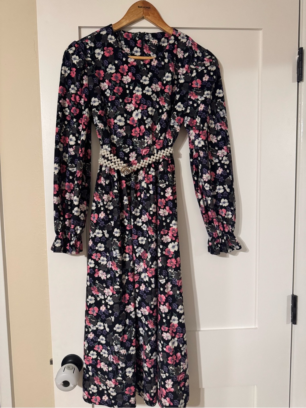 Women’s Floral Long Sleeve Midi Dress - Black with Pink & White Flowers